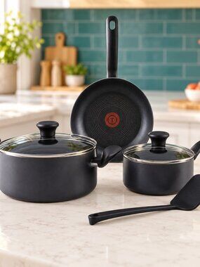 T-fal Initiatives Nonstick Cookware Set 6 Piece Pots and Pans Grey